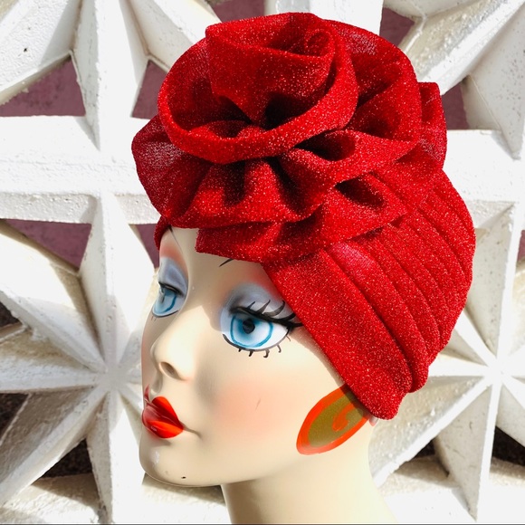 Gorgeous sparkle metallic flower turban hat cloche in bright red NEW - Picture 3 of 6